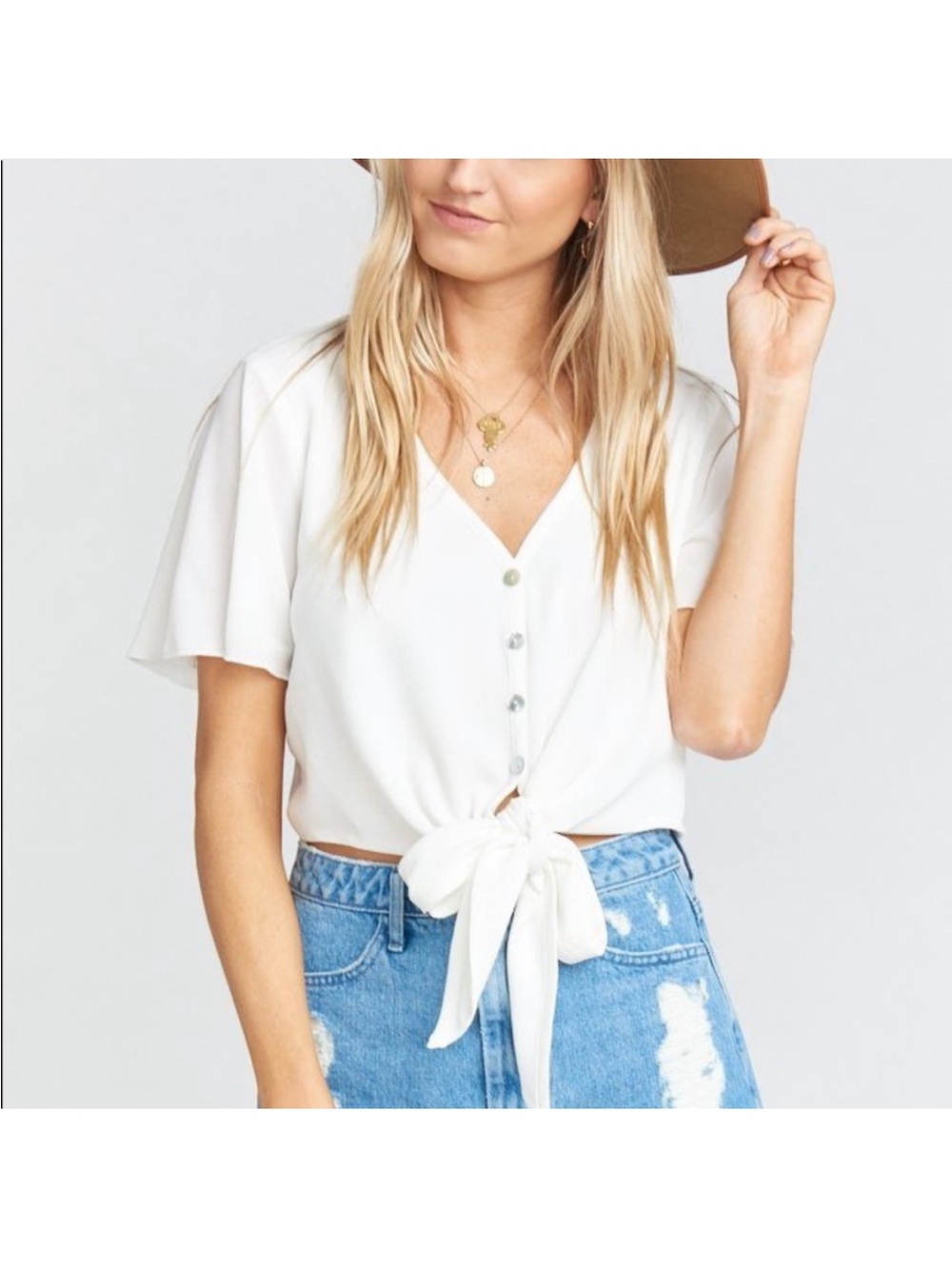 Show Me Your MuMu White Tie-Front V-Neck Button Top